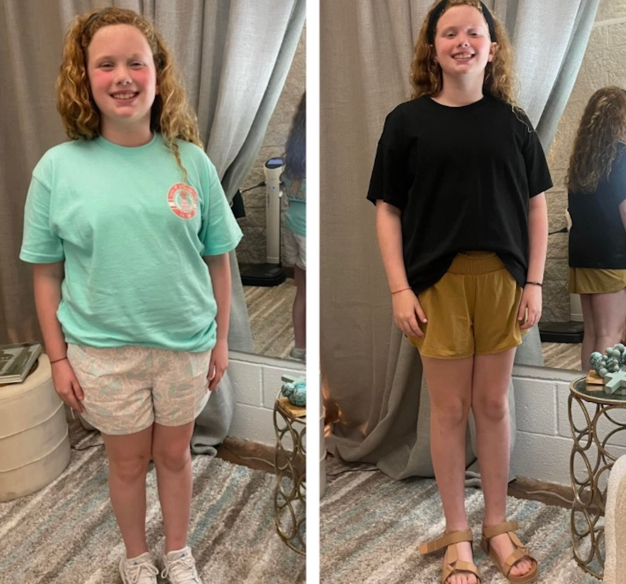 Before and after photo collage picturing a smiling girl and illustrating her successful weight loss on the Eat to Lose program